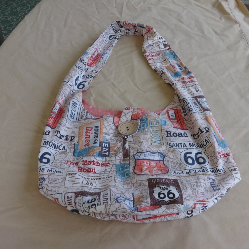Route 66 crossbody bag by Christi's Creation, canvas print, cotton lining, VGC